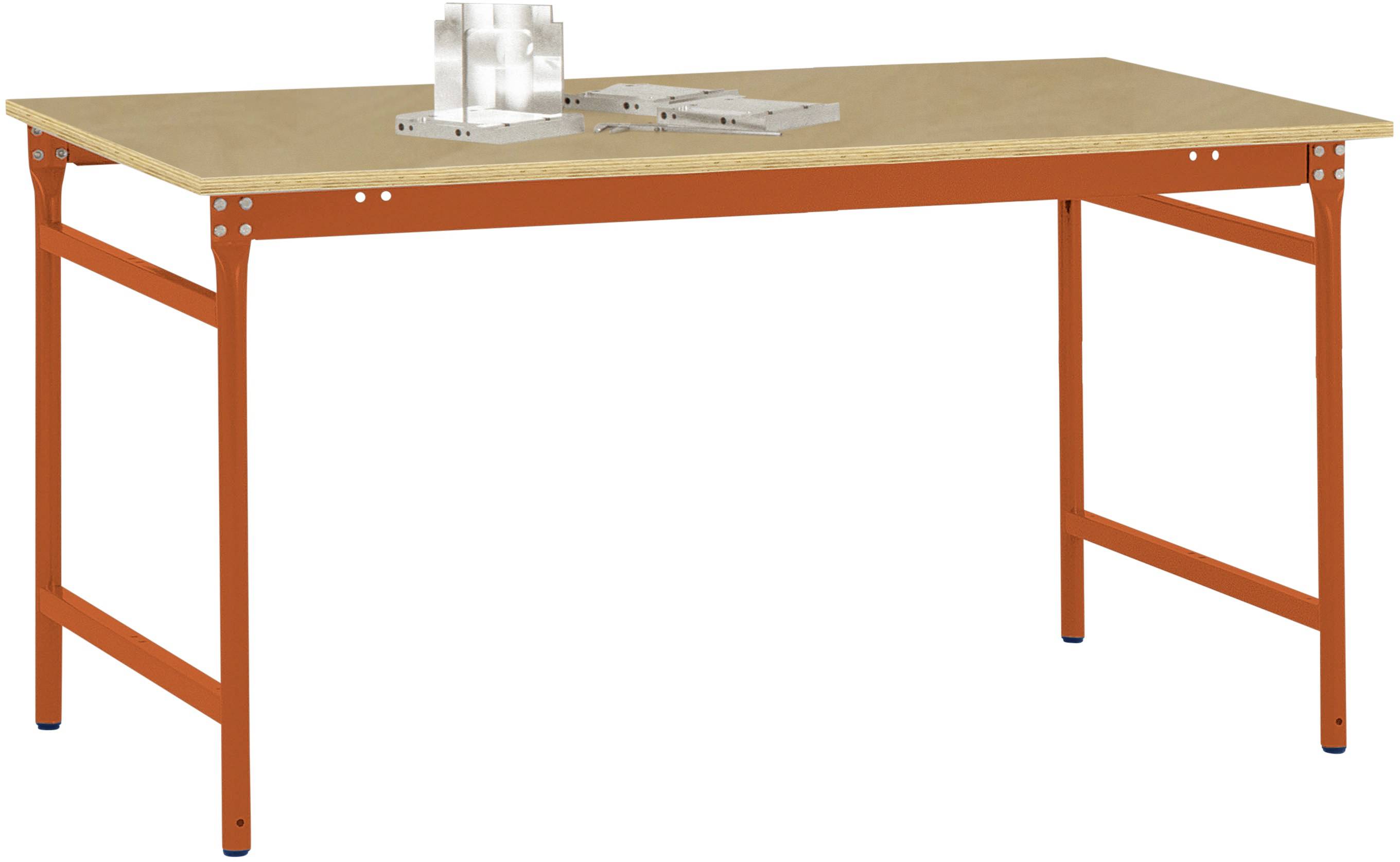Ein rechteckiger Tisch mit einer Holzplatte und orangefarbenen Metallbeinen. Auf dem Tisch stehen zwei transparent-weiße Modelle.