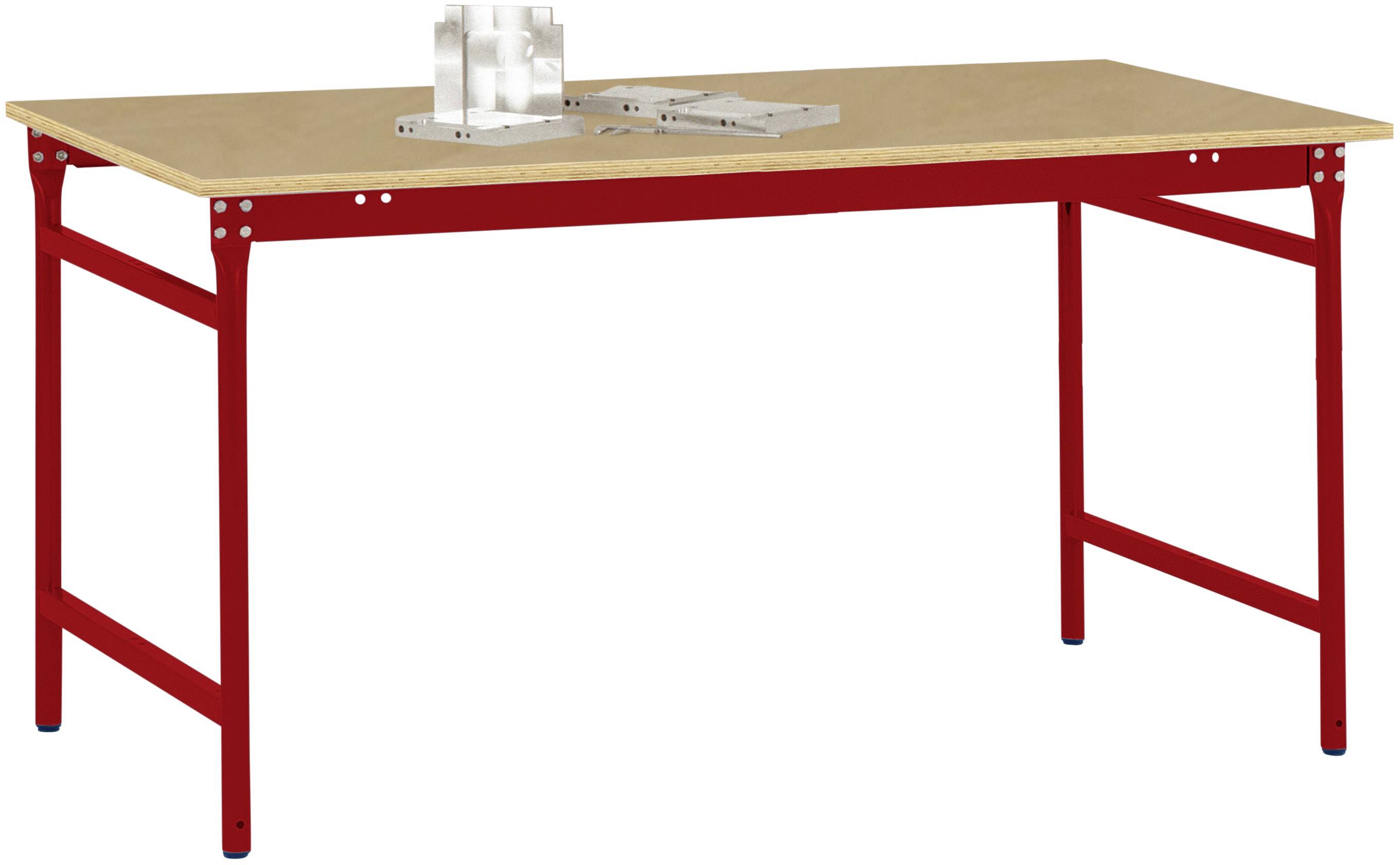Ein rechteckiger Tisch mit roter Metallstruktur und einer Holzplatte. Auf dem Tisch befinden sich zwei geometrische Objekte.