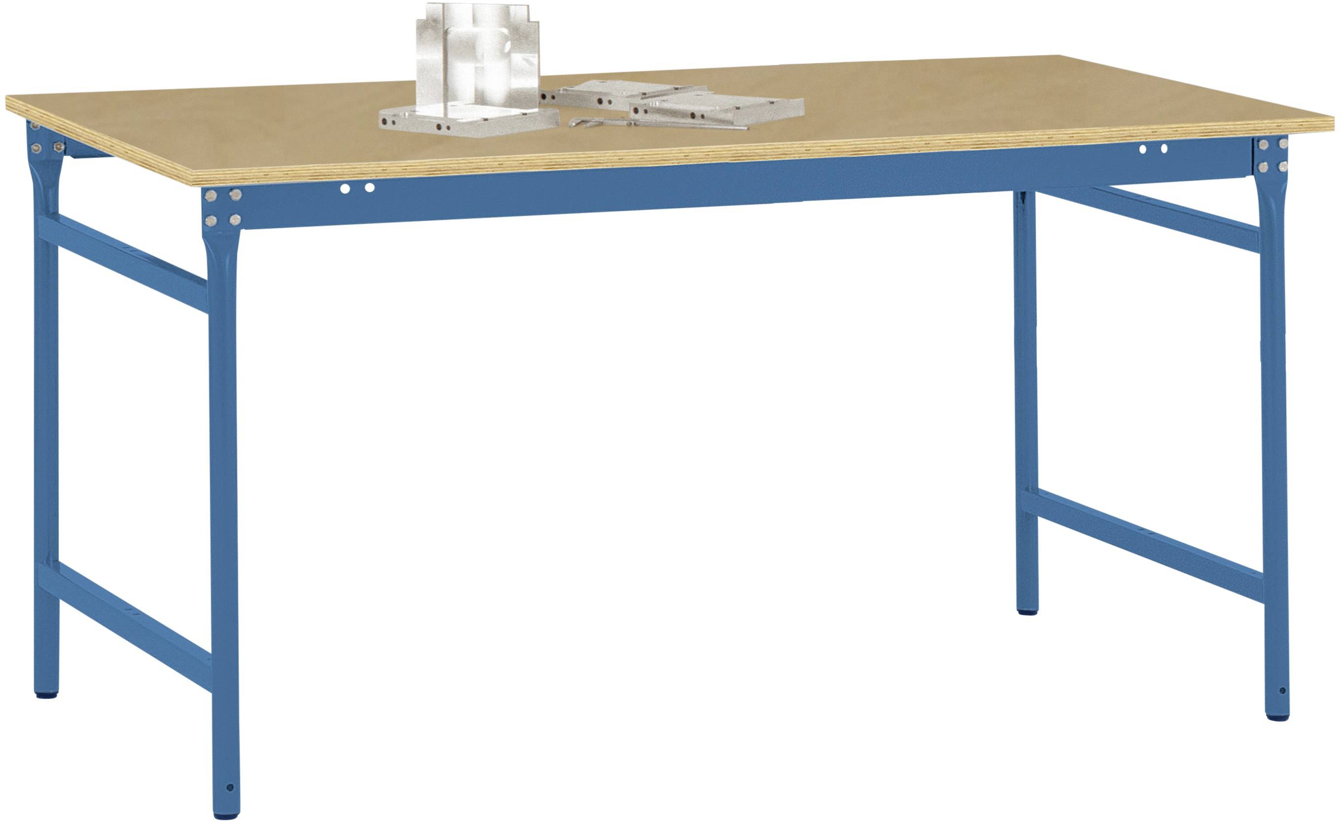 Ein rechteckiger Holztisch mit blauem Metallgestell. Auf dem Tisch befinden sich zwei weiße Gegenstände, die wie kleine Modelle aussehen.
