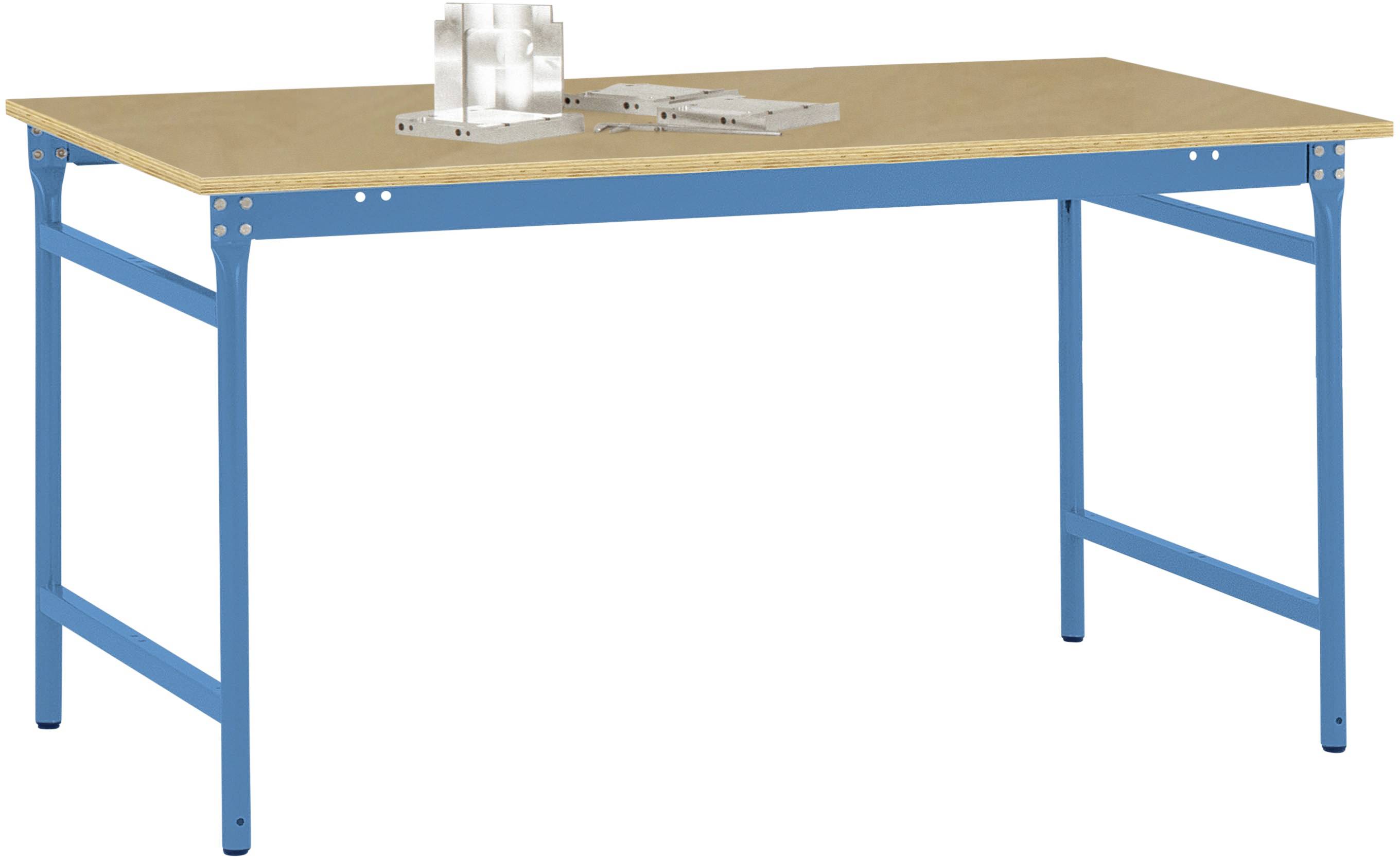 Ein rechteckiger Tisch mit blauem Metallrahmen und heller Holzplatte. Oben drauf liegen ein kleiner Stapel Papier und zwei flache Metallteile.
