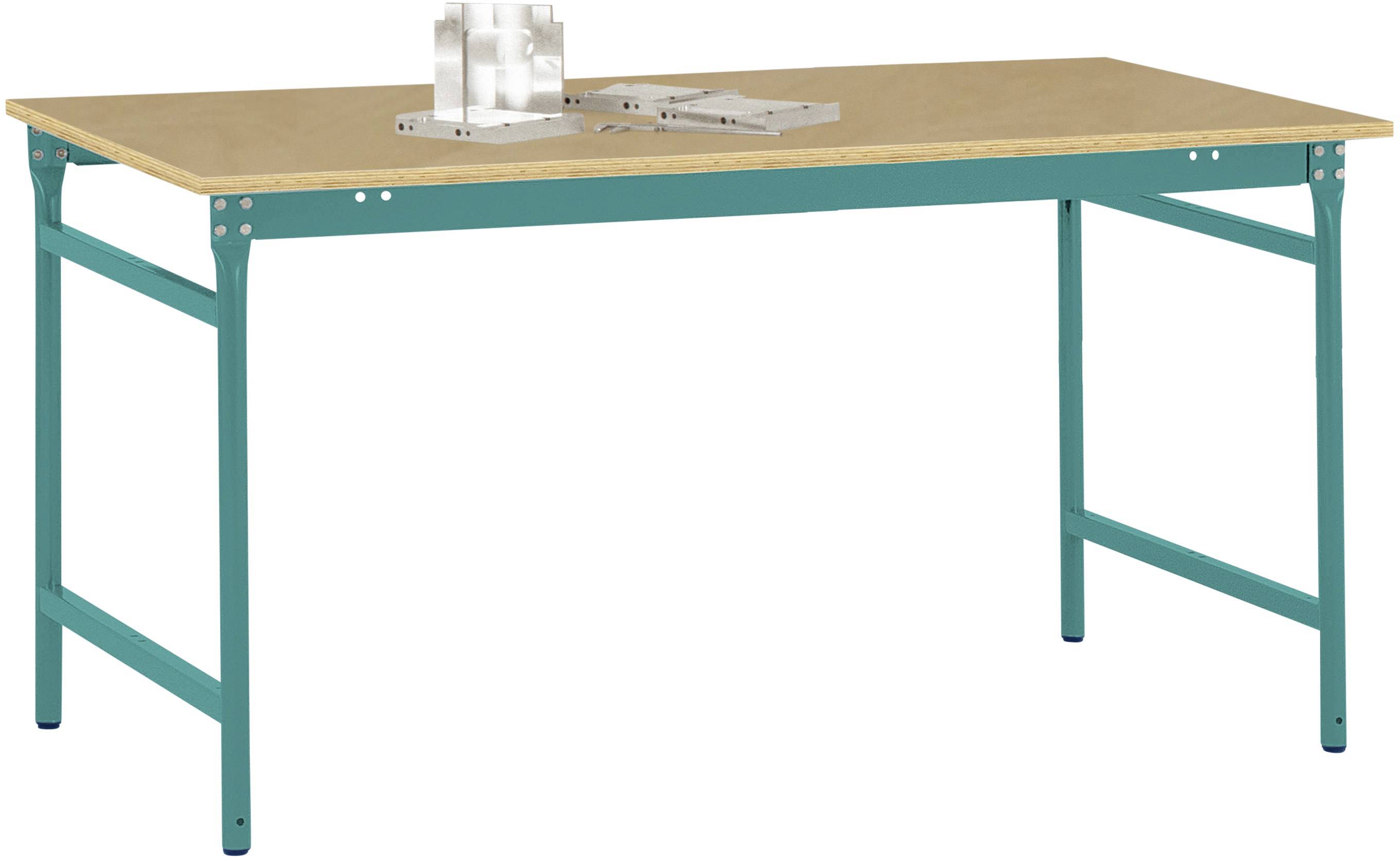 Ein einfacher Tisch mit grünen Metallbeinen und einer hellbraunen Holzplatte. Auf dem Tisch befinden sich zwei kleine, rechteckige Metallelemente.
