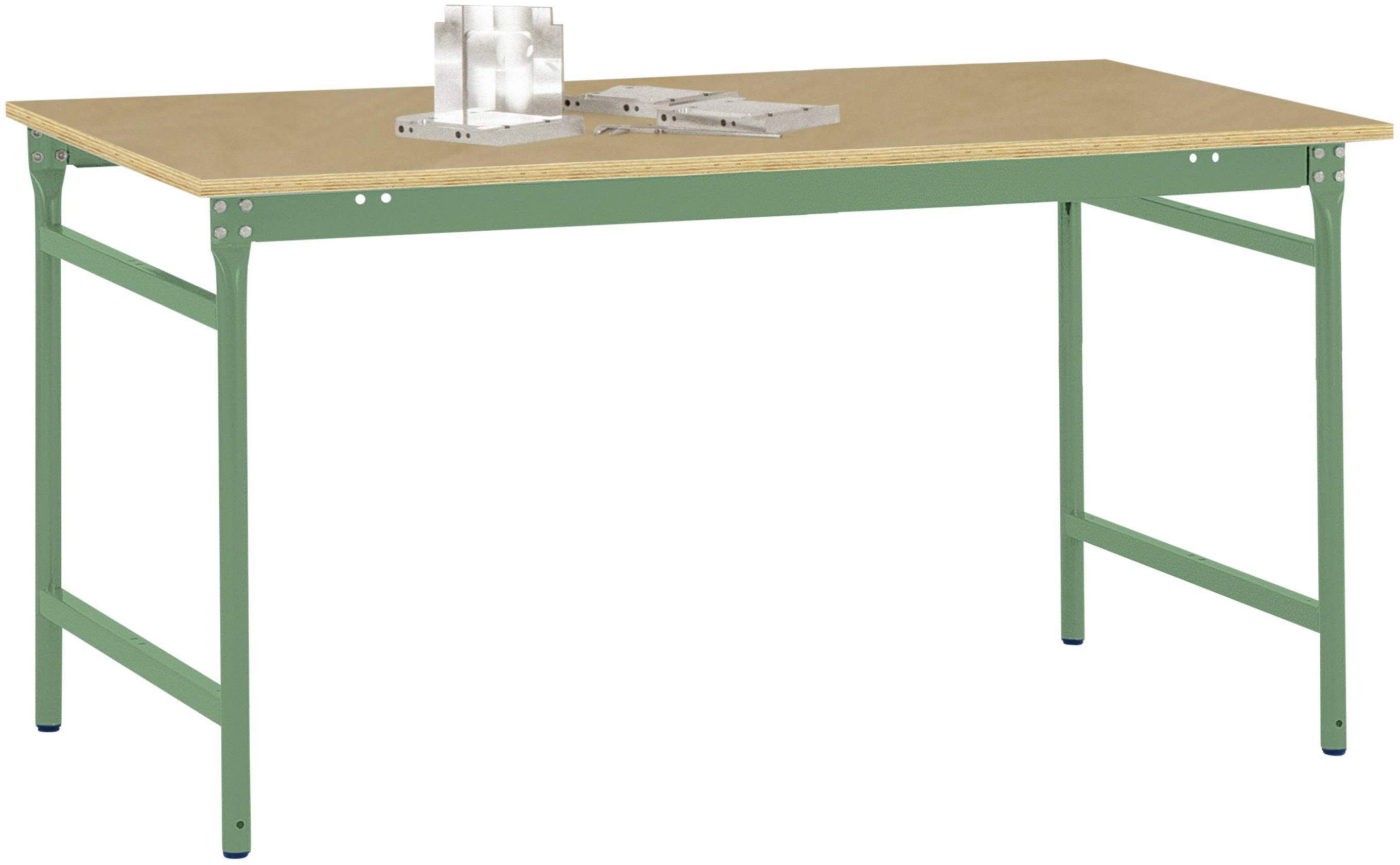 Stabiler Arbeitstisch mit grünen Metallbeinen und einer Holzplatte. Oben liegen zwei quadratische Metallstücke als Dekoration.