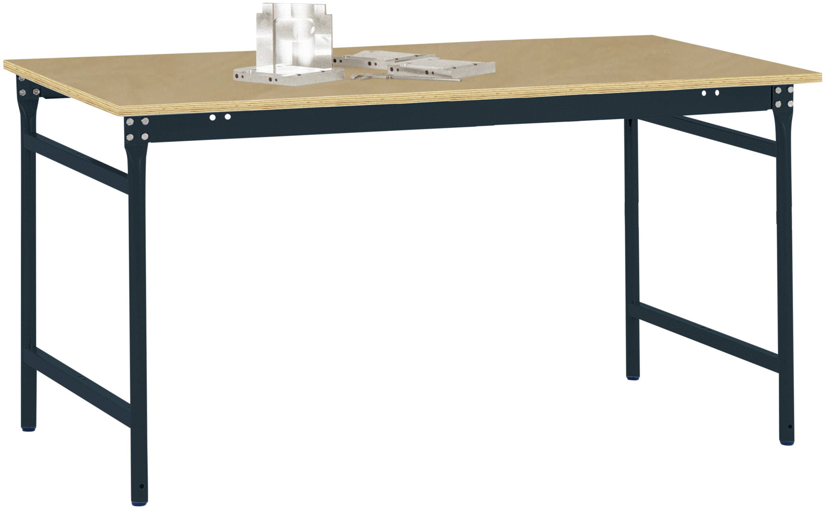 Ein einfacher Arbeitstisch mit hellem Holzplatte und dunklem Metallrahmen. Auf dem Tisch liegen einige metallische Gegenstände.
