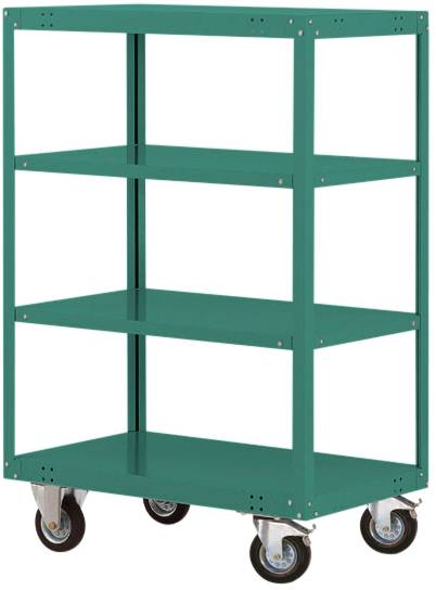 Ein grüner Rollwagen mit vier Regalböden, ausgestattet mit vier Rädern zur einfachen Bewegung. Ideal für Lager oder Werkstatt.