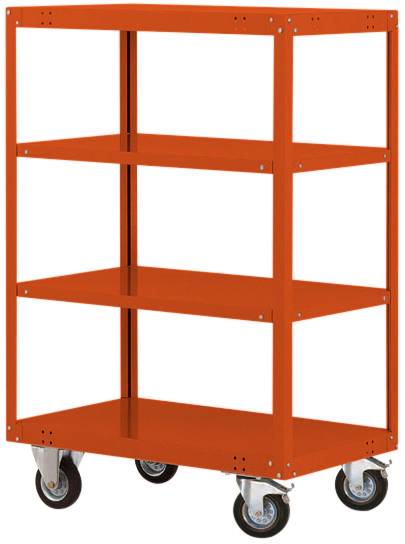 Ein orangefarbenes Metallregal mit vier Ebenen und Rädern, geeignet zum Transport oder zur Lagerung von Gegenständen in einem Lager.