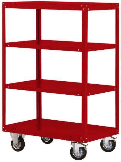 Rotes Metallregal mit vier Ablageflächen und vier lenkbaren Rädern.