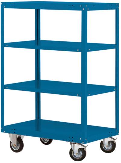 Blauer, metallener Rollwagen mit vier Ebenen und vier Rädern, geeignet für Lagerung und Transport von Gegenständen in einem Lager.