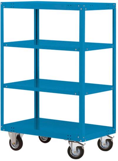 Blauer Metallwagen mit vier Regalböden und Rollen. Geeignet zum Transport von Gegenständen.