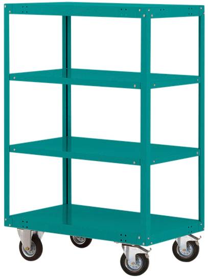 Ein türkisfarbener Regalwagen mit vier Regalböden und Rollen. Geeignet für den Transport von Gegenständen in Lager- oder Werkstattumgebung.