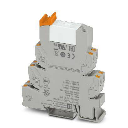 Ein graues elektrisches Relaismodul mit mehreren Anschlussklemmen und orangefarbenen Bedienhebeln, von einer Seite fotografiert.
