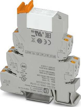 Graues elektrisches Relais mit orangefarbenem Hebel und beschrifteten Anschlüssen, geeignet für DIN-Schienenmontage.