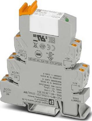 Ein graues Reihenklemmenmodul zur elektrischen Verbindung mit orangen Drückern und Beschriftungsoptionen, geeignet für Hutschienenmontage.