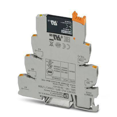 Ein graues, schlankes elektrisches Relais-Modul von Phoenix Contact mit mehreren Beschriftungen und Anschlüssen, geeignet für Schalttafeln.