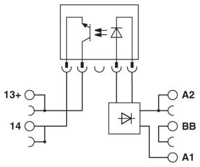 Schaltschema eines elektronischen Bauteils mit Anschlusspunkten 13+, 14, A2, BB, A1; zeigt Verbindungsmöglichkeiten und interne Schaltungen.