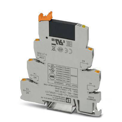 Ein graues, kompaktes elektrisches Relais der Marke Phoenix Contact mit orangefarbenen Clips und technischer Beschriftung auf der Vorderseite.