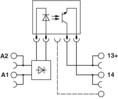 Schaltschema eines Relais: Darstellung eines Spulenkreises mit Dioden und Anschlüssen A1, A2, 13+, und 14.