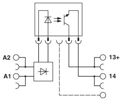 Schaltplan eines Relais: Zeigt Dioden, Transistor und Anschlüsse. Hauptanschlüsse sind mit A1, A2, 13+, 14 gekennzeichnet.