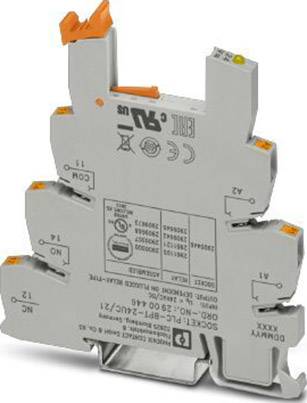 Ein graues elektrisches Relais mit orangefarbenen Hebeln, das auf einer Montagehalterung befestigt ist. Text mit technischen Spezifikationen.