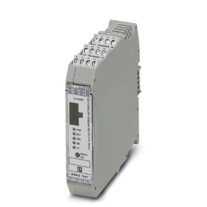 Ein graues elektronisches Modul für Schaltschränke mit mehreren Anschlussklemmen oben und LED-Anzeigen auf der Vorderseite.