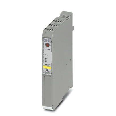 'Phoenix Contact Terminal Block', ein graues, schmales elektronisches Modul mit mehreren Anschlüssen und einer Statusanzeige auf der Vorderseite.