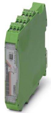 Eine grüne elektronische Schaltungskomponente mit Anschlussklemmen und beschrifteter Front, die in industriellen Anwendungen verwendet wird.