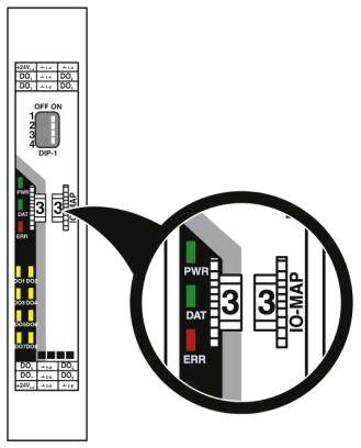 Vergrößerte Ansicht eines Schalters auf einem IO-Modul mit den Beschriftungen ‘PWR’, ‘DAT’ und ‘ERR’ in Rot und Grün.