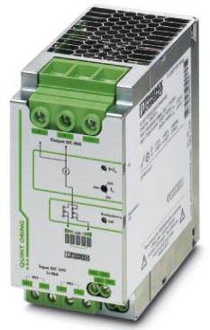 Stromversorgungseinheit mit grünem Anschluss, silbernem Gehäuse und technischen Spezifikationen auf der Seite. Geeignet für industrielle Geräte.