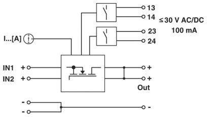 Schaltplan eines Relais mit zwei Eingängen (IN1, IN2) und einem Ausgang (Out). Maximale Spannung: ≤30 V AC/DC, 100 mA Stromstärke.