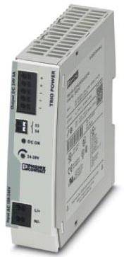 Grau-blaues elektronisches Gerät im Hochformat mit Beschriftungen und Knöpfen; dient zur Spannungsversorgung, 34-38V DC.