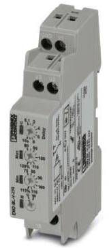 Ein graues elektronisches Modul mit mehreren Einstellungsknöpfen und Anschlussklemmen. Aufdruck mit technischen Informationen und Symbolen.