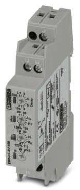 Ein graues elektrisches Relaismodul mit Drehreglern und Beschriftungen zur Einstellung von Funktionen und Zeitintervallen.