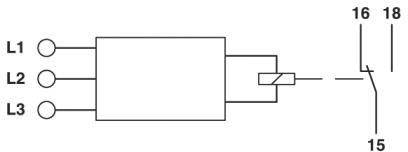 Schaltplandiagramm zeigt drei Eingänge (L1, L2, L3) und einen Schalter mit Anschlüssen 16, 18, und 15. Veranschaulicht Schaltvorgang.