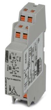 'Phoenix Contact Zeitrelais', graues Gerät mit roten Klemmen. Funktionen: Verzögerung, Spannung 24-240V. Technische Symbole und Einstellungen auf der Vorderseite.