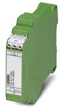 Grünes elektronisches Bauteil mit weißen Anschlüssen. Links ist ein Etikett mit technischen Details sichtbar.