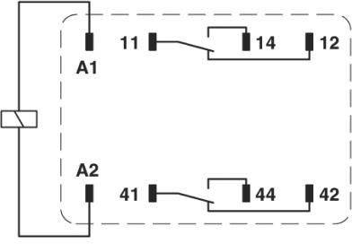 Schaltplansymbol zeigt Relais mit zwei Schließerkontakten beschriftet mit '11', '12', '14' und '41', '42', '44'. Verbindungen zu A1 und A2.