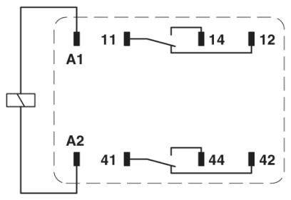 Ein Schaltplan zeigt ein einfaches elektrisches Relais mit vier Anschlüssen: A1, A2, 11, 12, 14, 41, 42 und 44.