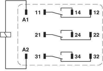 Schaltplan zeigt drei identische Schaltungen mit zwei Eingängen A1 und A2, verbunden mit jeweils zwei Ausgängen (11-14-12, 21-24-22, 31-34-32).