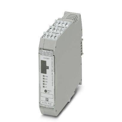 Ein graues elektronisches Industriebauteil mit mehreren Anschlussklemmen und LED-Anzeigen. Verwendet für Steuerungsanwendungen.