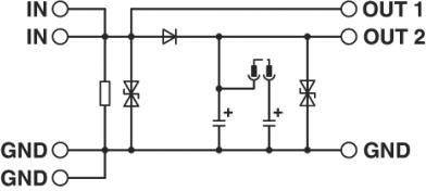 Elektronisches Schaltbild mit zwei Dioden, die Eingang (IN) und Ausgang (OUT 1, OUT 2) verbinden. Zwei Kondensatoren parallel geschaltet.