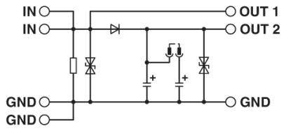 Elektronisches Schaltbild: Diode und Kondensatoren stabilisieren Eingangsspannung, führen zu zwei Ausgängen OUT 1 und OUT 2; GND verbunden.