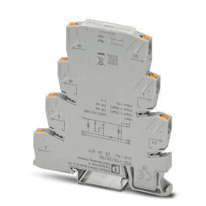 Ein grauer elektrischer Steckverbinder mit orangefarbenen Elementen, markiert für Eingangs- und Ausgangsleitungen, auf weißem Hintergrund.