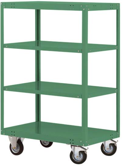 Grünes, stabiles Metallregal mit vier Ebenen und Rollen, geeignet für mobilen Stauraum in Lagerhallen oder Werkstätten.