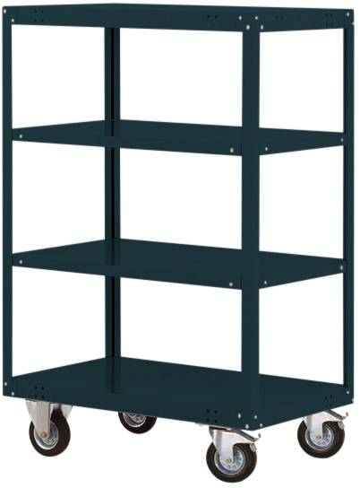Ein dunkelgrünes Metallregal auf vier Rollen mit drei Ablagen.