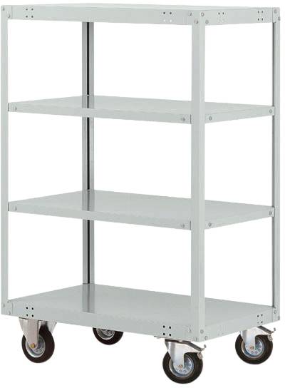 Metallregal mit vier Ebenen und Rollen, geeignet für einfachen Transport und Lagerung von Gegenständen in Arbeits- oder Lagerräumen.
