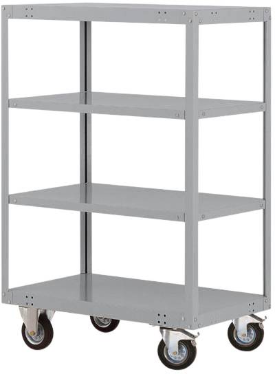 Grauer Metallwagen mit vier Regalböden und vier Rädern. Ideal für den Transport oder die Lagerung von Gegenständen.