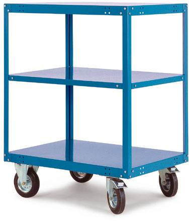 Ein blauer Metallwagen mit drei Regalebenen und vier Rollen, geeignet zum Transport von Gegenständen in Lager- oder Werkstattumgebungen.