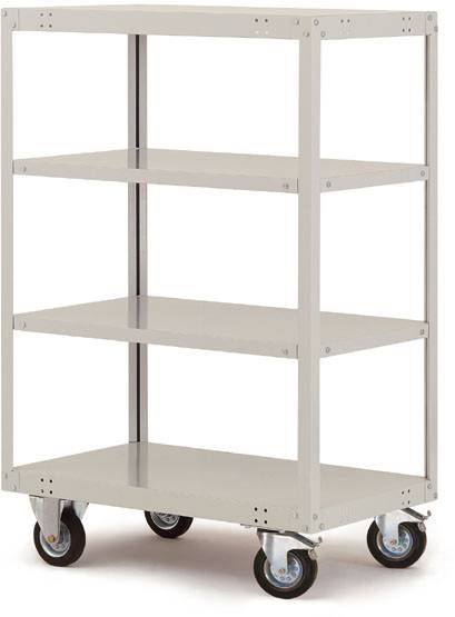 Grau-gelagerter Metallwagen mit vier Ablagen und Rollen, geeignet für Lagerung oder Transport in Werkstätten oder Lagern.