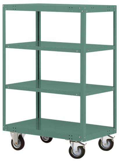 Ein grüner, vierschichtiger Metallwagen mit Rädern, geeignet für die Lagerung oder den Transport in industriellen oder kommerziellen Umgebungen.