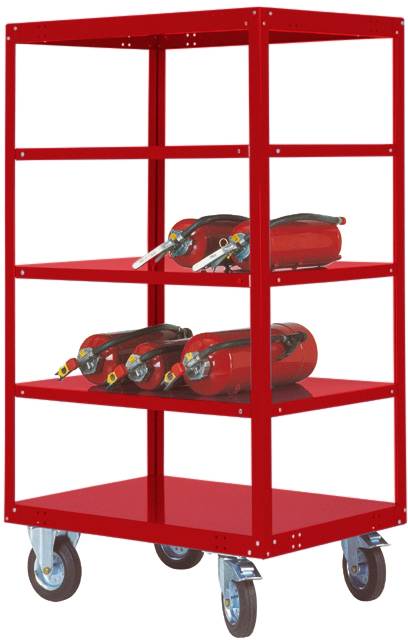 Ein roter, mobiler Metallwagen mit mehreren Etagen, auf denen rote Feuerlöscher liegen.