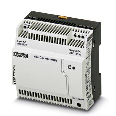 Ein Schaltnetzteil der Marke Phoenix Contact mit einer Eingangsleistung von 100-277V und einer Ausgangsleistung von 24V, 3,5A.